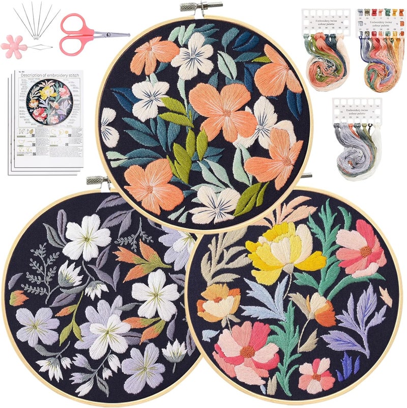 Santune 3 Pack Embroidery Kit for Beginners, Needlepoint Cross Stitch Kits for Adults,Needle Point Sets with Stamped Petal Pattern Stitch Video Tutorial - Image 1